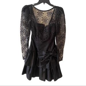 VTG 1980s Black Lace Overlay Prom Cocktail Dress Sz 9 Madonna Ruffled W/ Bow USA